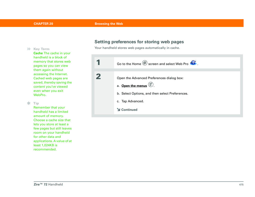 Palm Zire 72 manual Setting preferences for storing web pages 