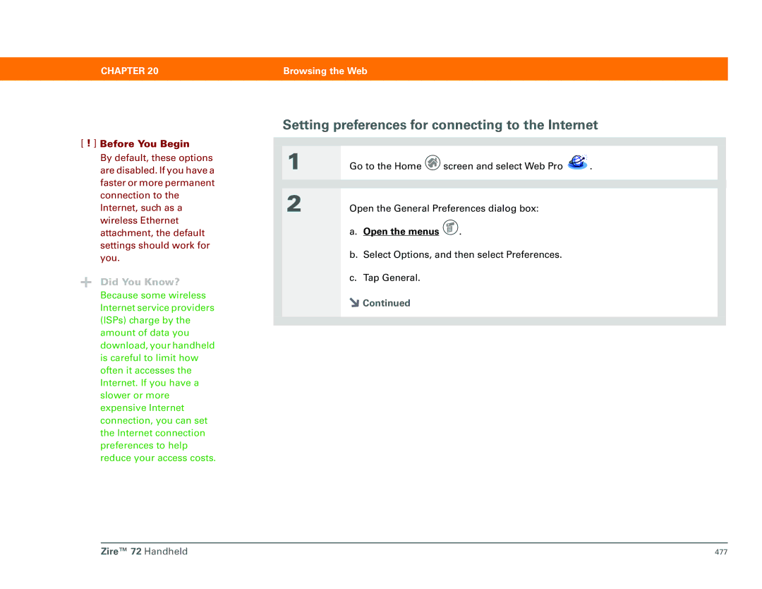 Palm Zire 72 manual Setting preferences for connecting to the Internet 