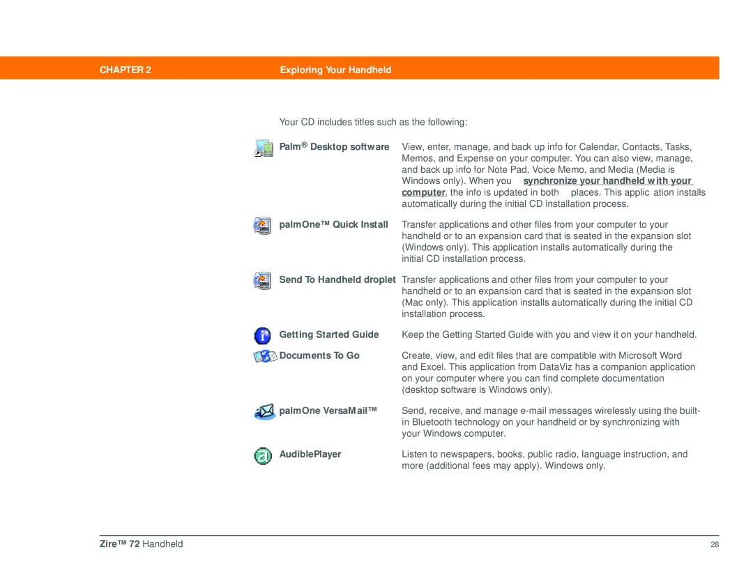 Palm Zire 72 manual Getting Started Guide, Documents To Go, PalmOne VersaMail, AudiblePlayer 