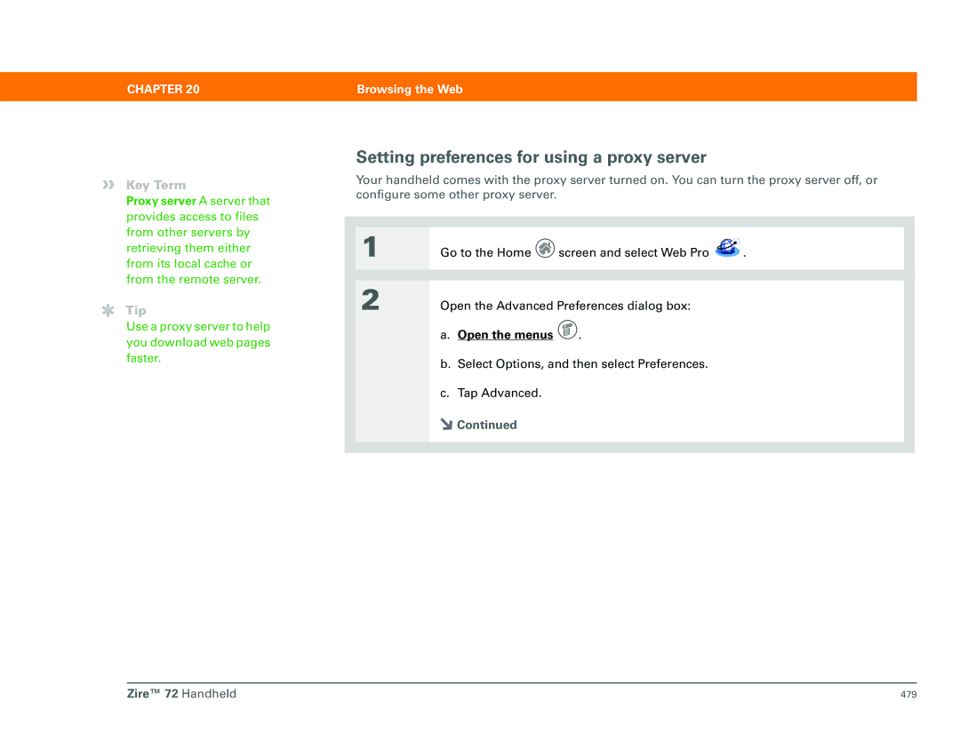 Palm Zire 72 manual Setting preferences for using a proxy server 