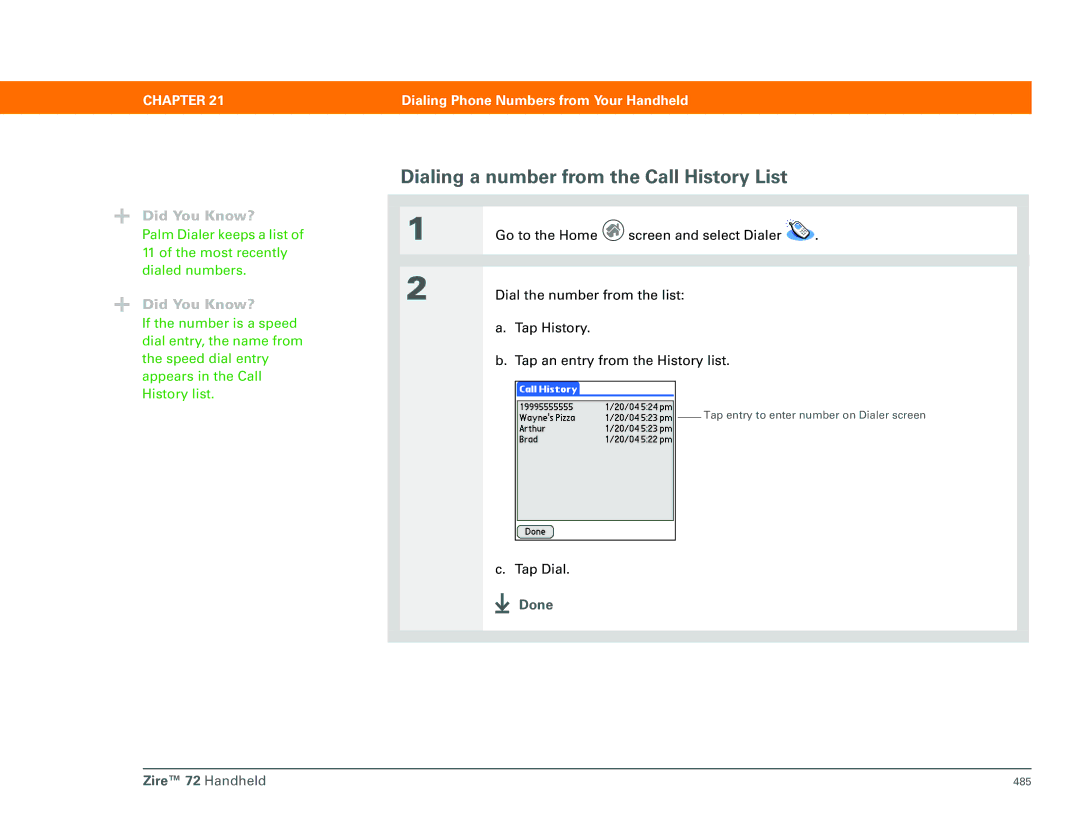 Palm Zire 72 manual Dialing a number from the Call History List 