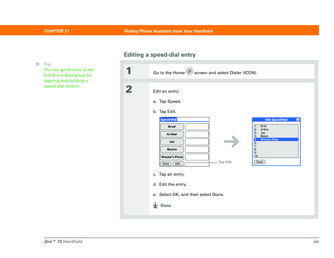 Palm Zire 72 manual Editing a speed-dial entry 