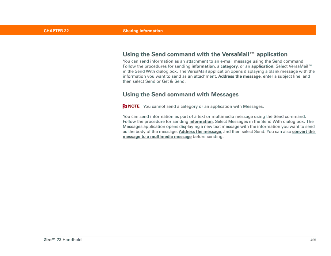 Palm Zire 72 manual Using the Send command with the VersaMail application, Using the Send command with Messages 