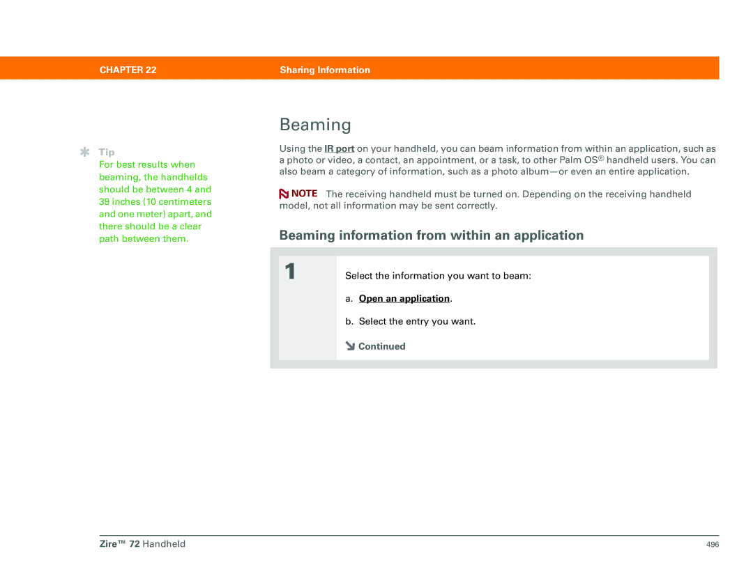 Palm Zire 72 manual Beaming information from within an application 