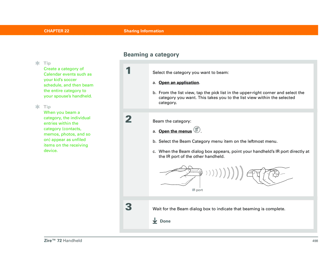 Palm Zire 72 manual Beaming a category, Done 