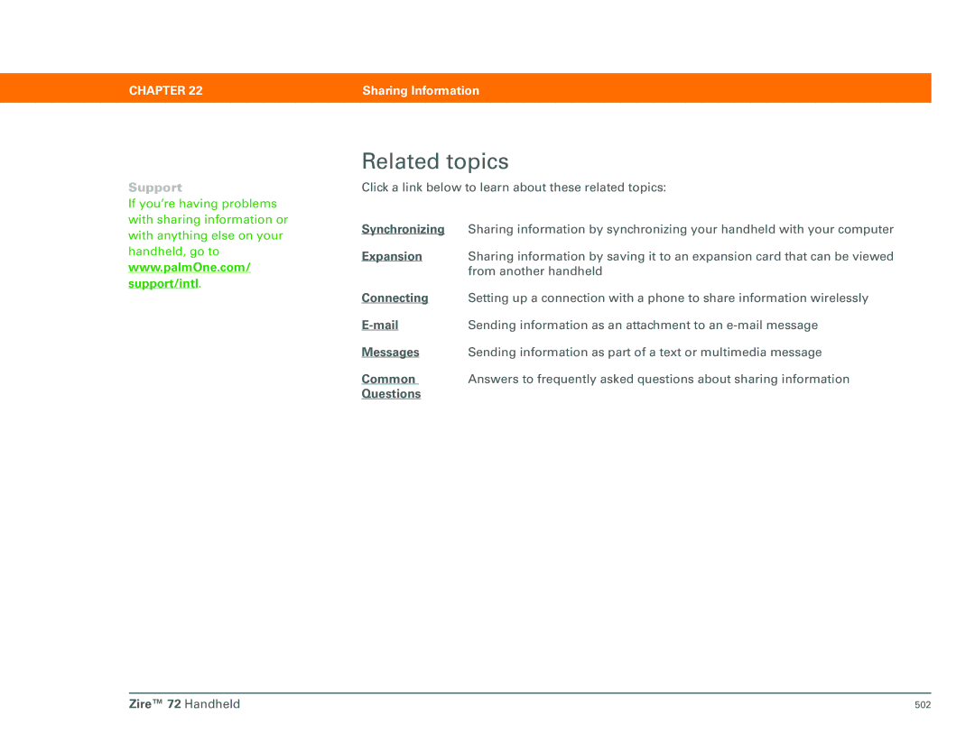 Palm Zire 72 manual Related topics, Expansion 