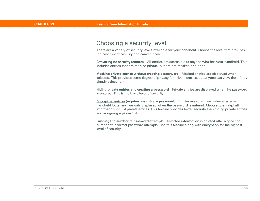 Palm Zire 72 manual Choosing a security level 