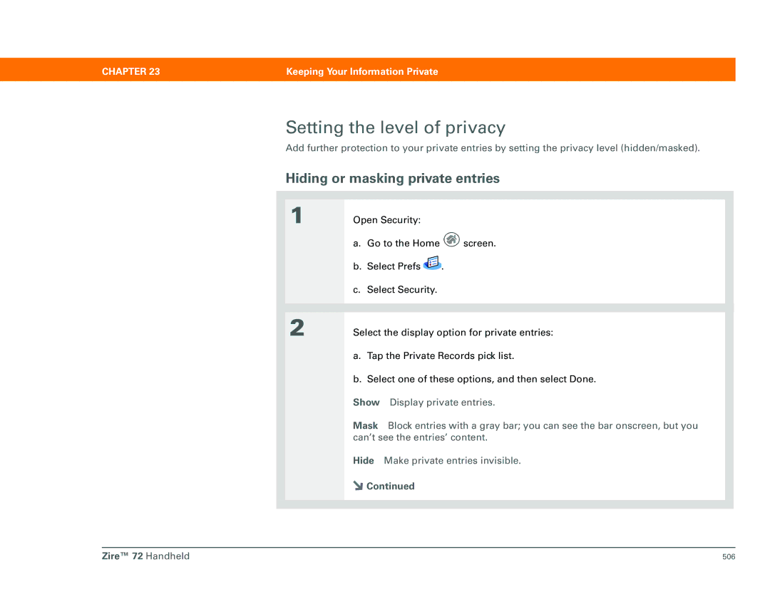 Palm Zire 72 manual Setting the level of privacy, Hiding or masking private entries 