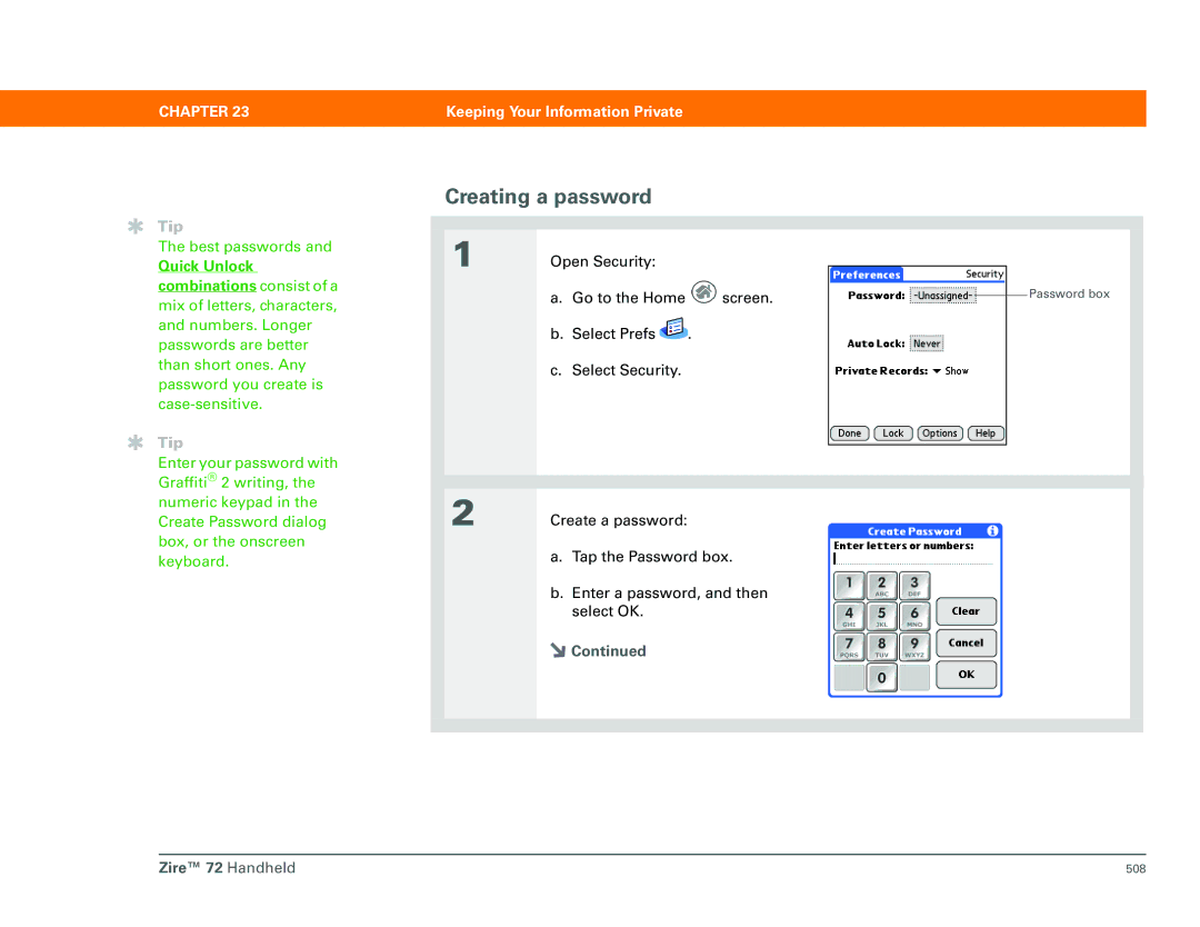 Palm Zire 72 manual Creating a password, Quick Unlock 