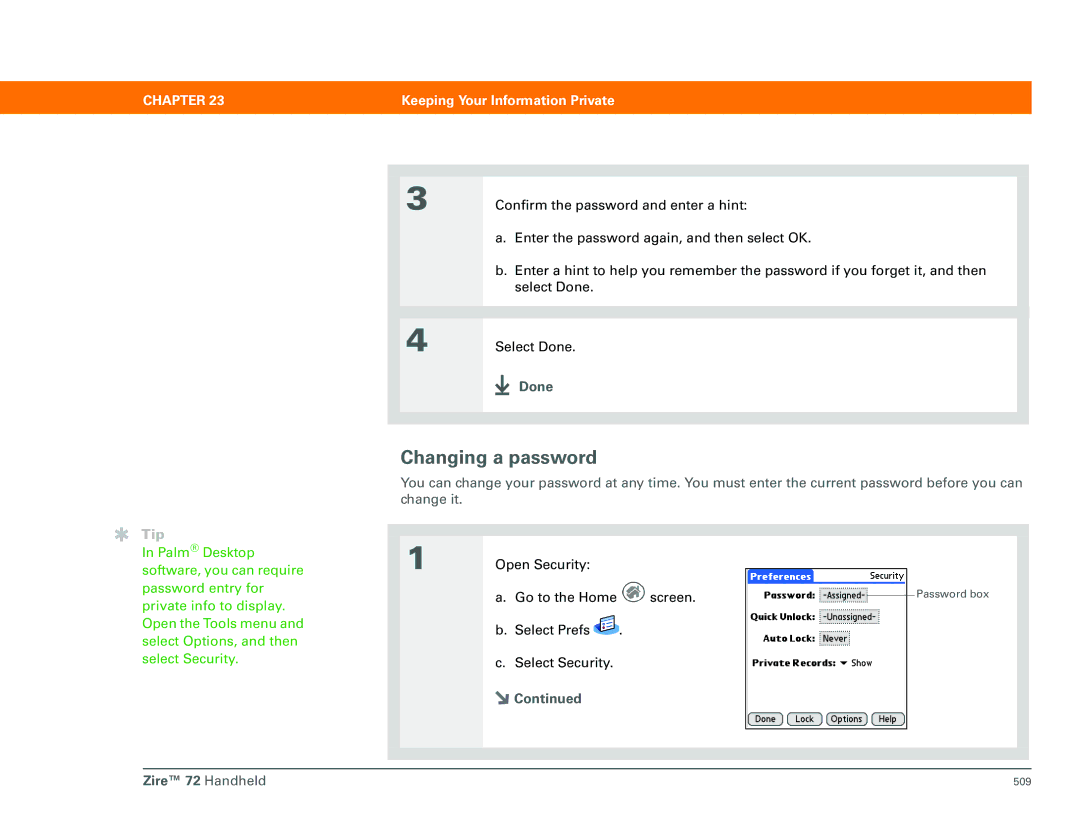 Palm Zire 72 manual Changing a password 