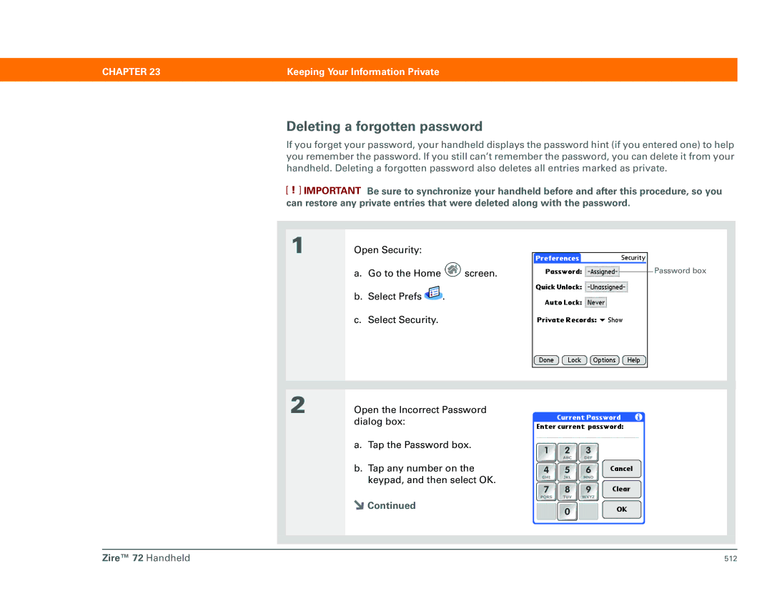 Palm Zire 72 manual Deleting a forgotten password 