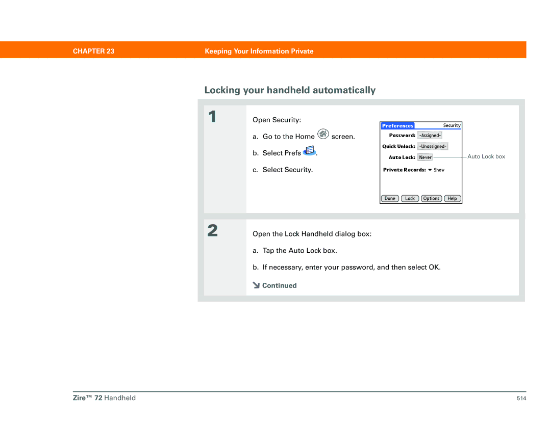 Palm Zire 72 manual Locking your handheld automatically 