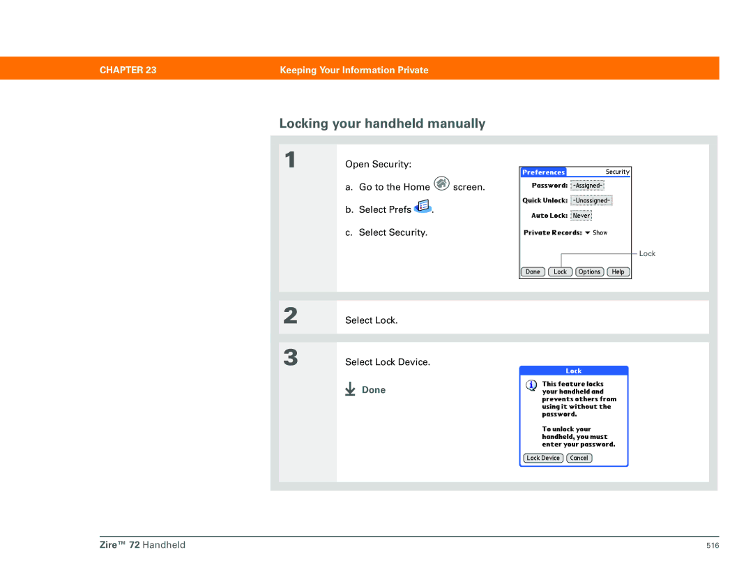 Palm Zire 72 Locking your handheld manually 