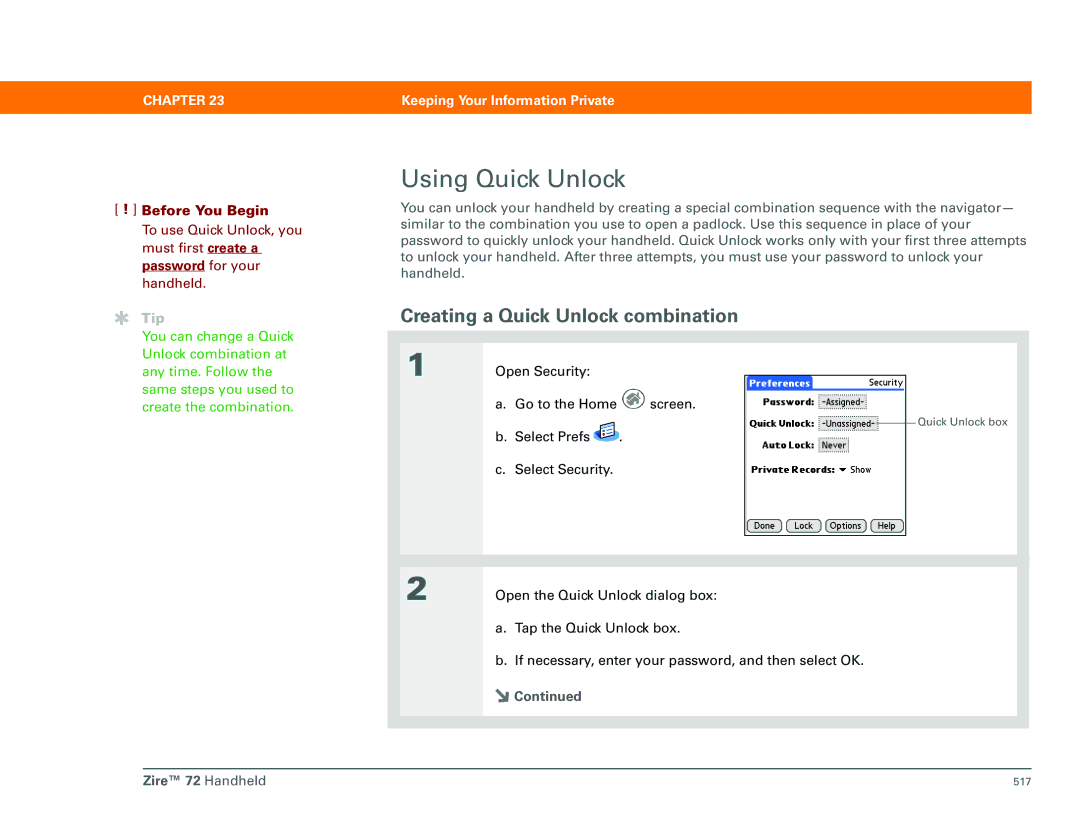 Palm Zire 72 manual Using Quick Unlock, Creating a Quick Unlock combination 