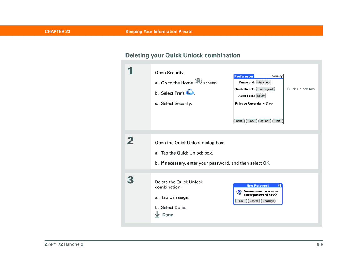 Palm manual Deleting your Quick Unlock combination, Done Zire 72 Handheld 