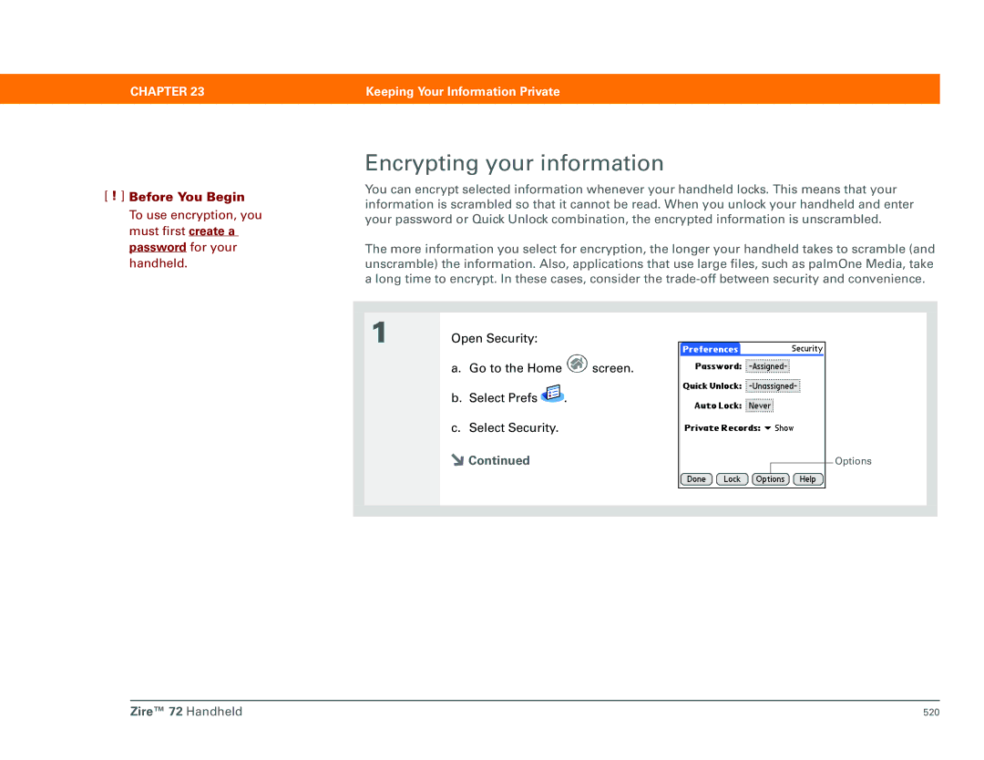 Palm Zire 72 manual Encrypting your information 