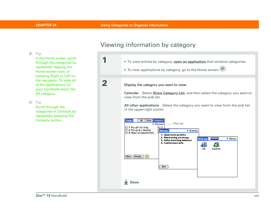 Palm Zire 72 manual Viewing information by category 