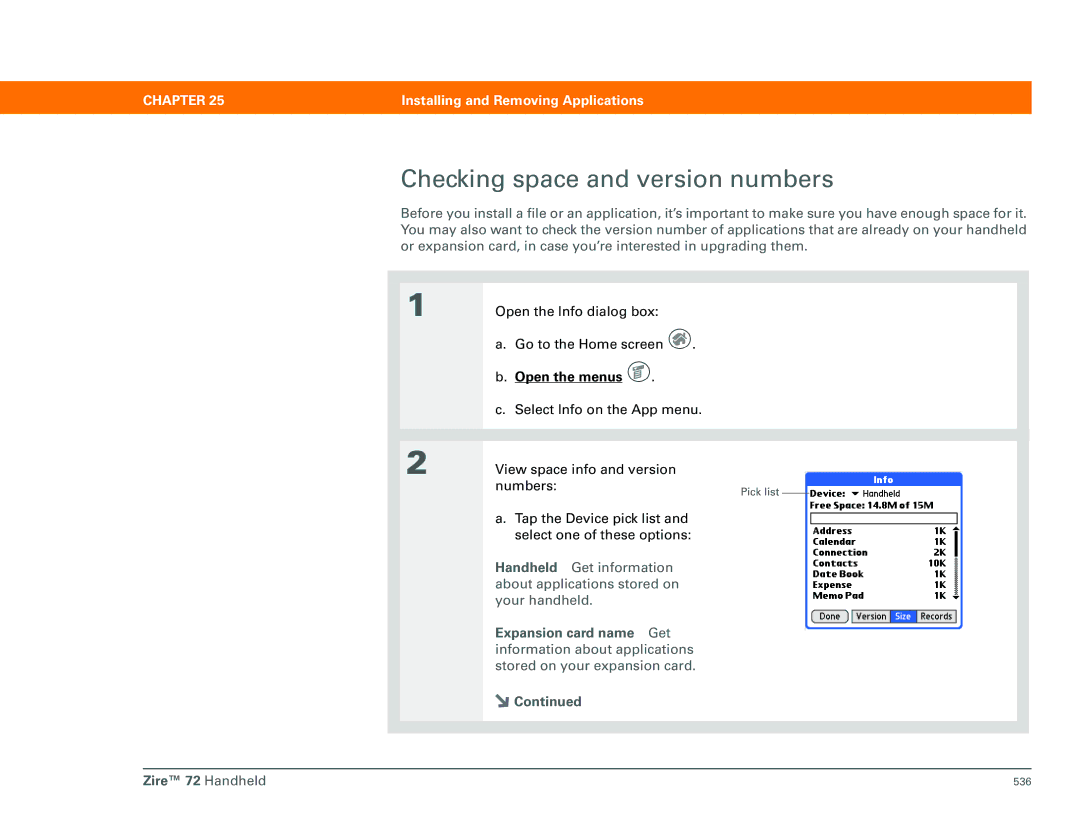 Palm Zire 72 manual Checking space and version numbers 