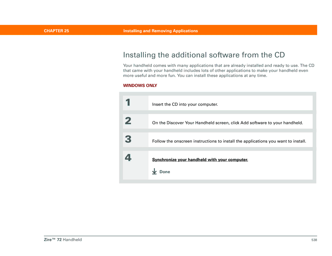 Palm manual Installing the additional software from the CD, Done Zire 72 Handheld 
