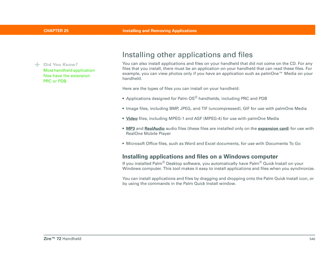 Palm Zire 72 manual Installing other applications and files, Installing applications and files on a Windows computer 