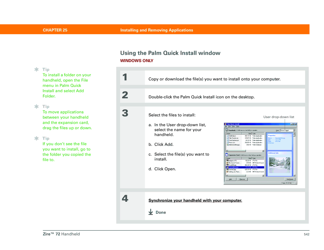 Palm Zire 72 manual Using the Palm Quick Install window, Done 