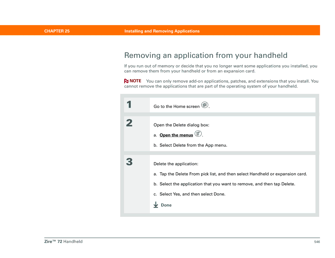 Palm Zire 72 manual Removing an application from your handheld 