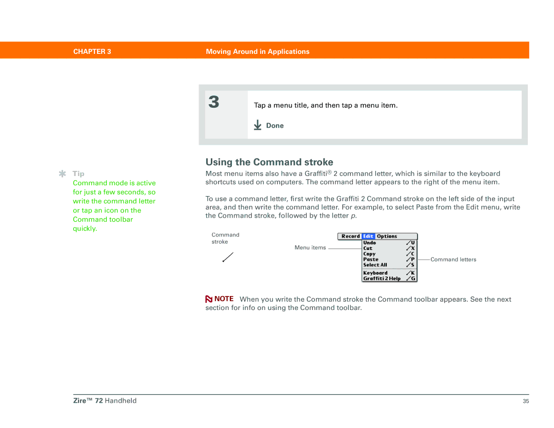 Palm Zire 72 manual Using the Command stroke, Done 