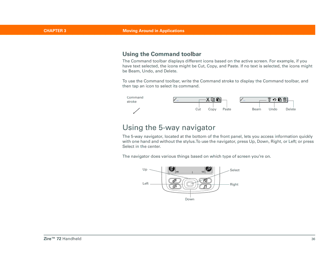 Palm Zire 72 manual Using the 5-way navigator, Using the Command toolbar 