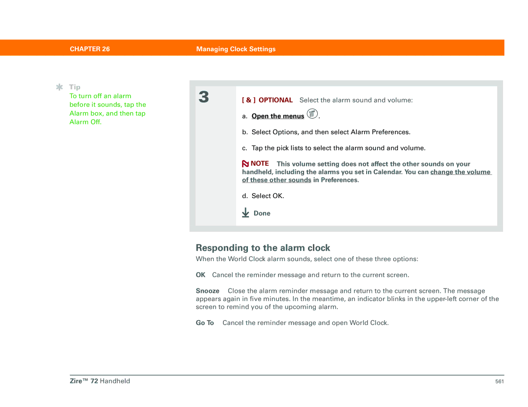 Palm Zire 72 manual Responding to the alarm clock 