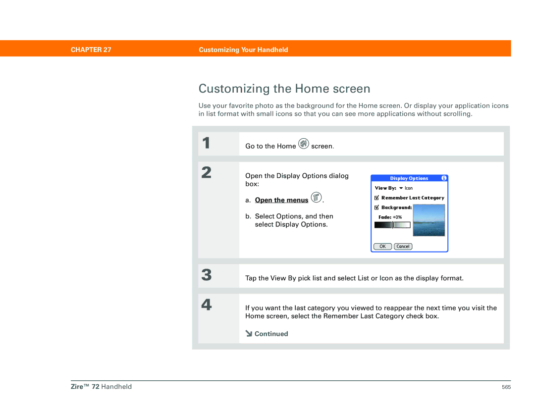 Palm Zire 72 manual Customizing the Home screen 