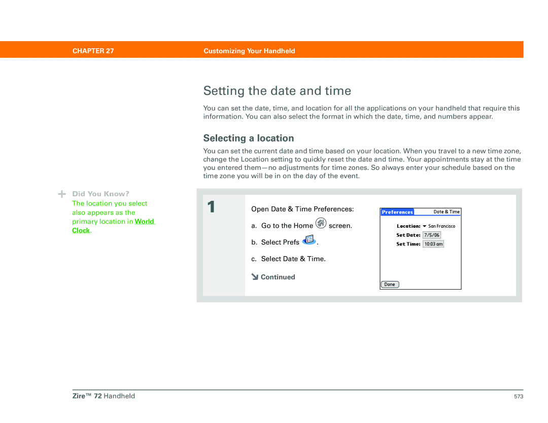 Palm Zire 72 manual Setting the date and time, Selecting a location, Clock 