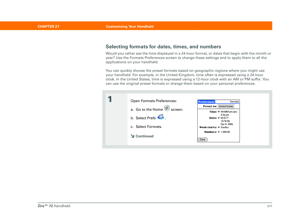 Palm Zire 72 manual Selecting formats for dates, times, and numbers 