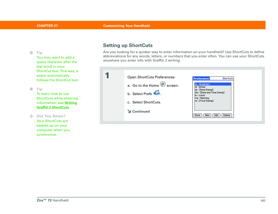 Palm Zire 72 manual Setting up ShortCuts, Graffiti 2 ShortCuts 