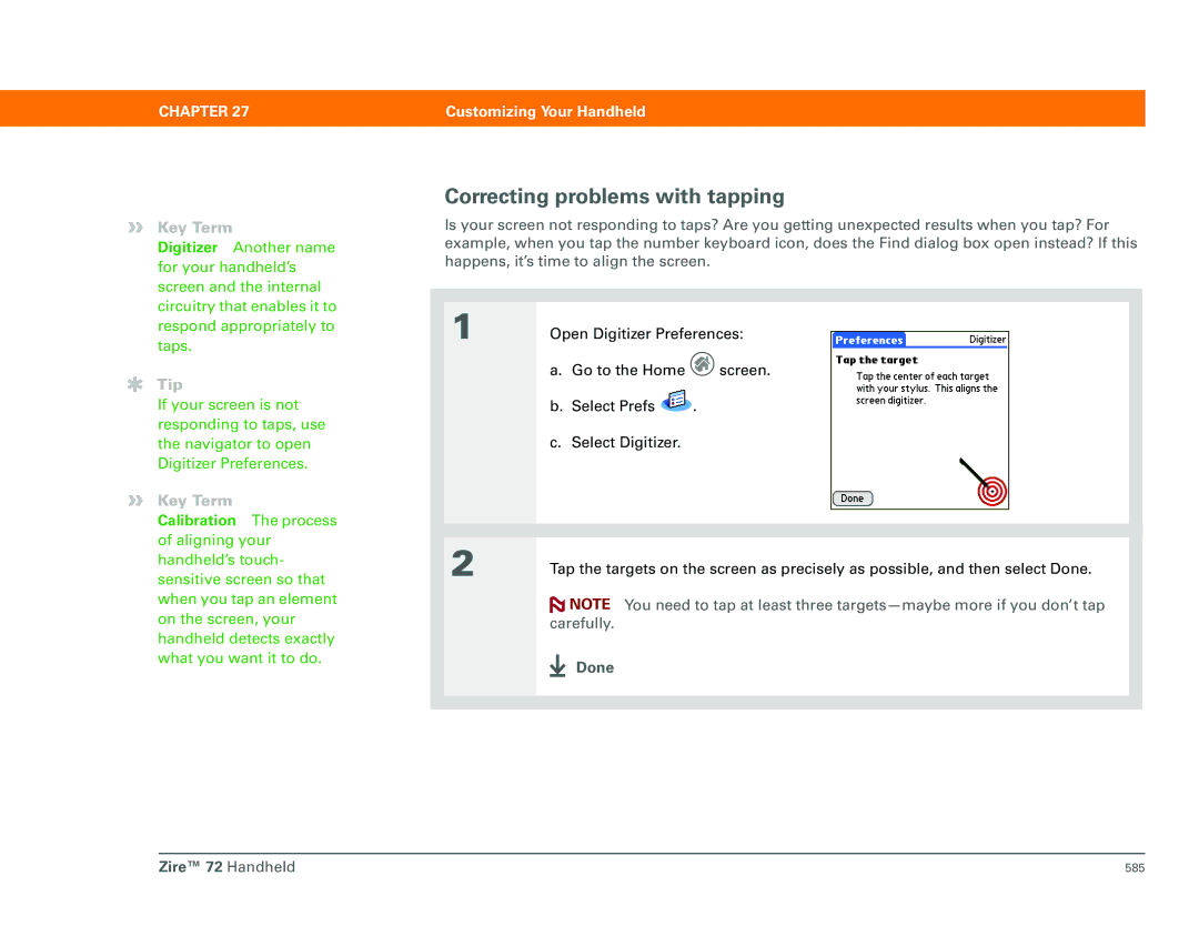 Palm Zire 72 manual Correcting problems with tapping 
