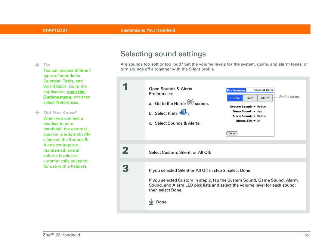 Palm Zire 72 manual Selecting sound settings, Options menu, and then 