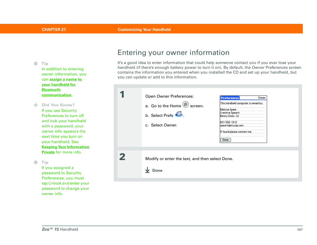 Palm Zire 72 manual Entering your owner information, Keeping Your Information 