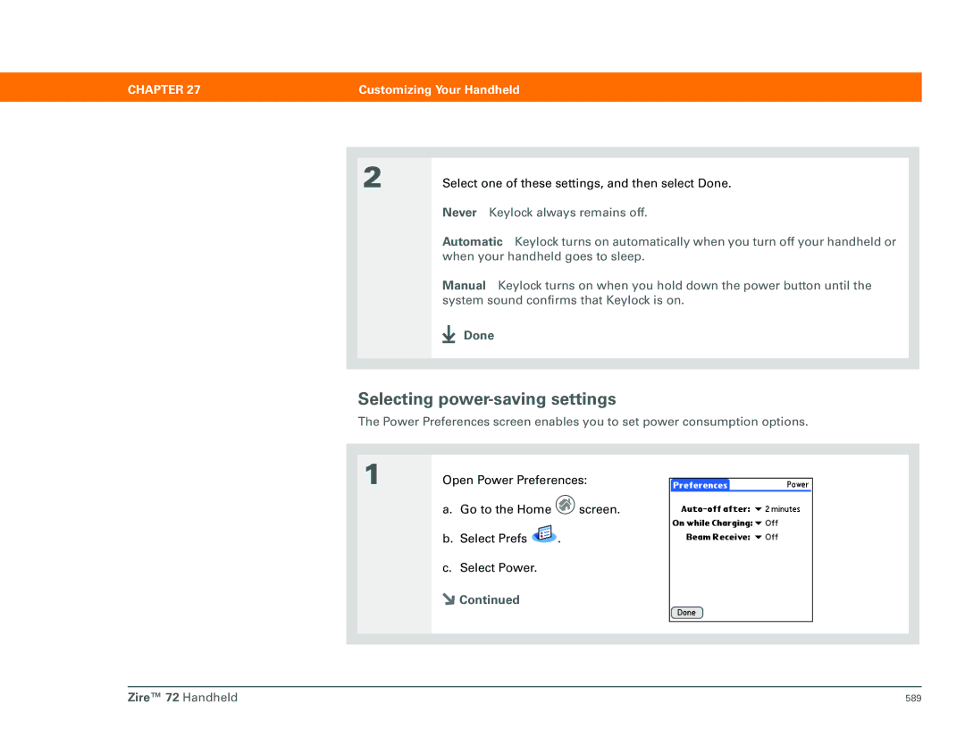 Palm Zire 72 manual Selecting power-saving settings 