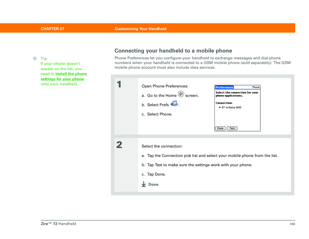 Palm Zire 72 manual Connecting your handheld to a mobile phone, Need to install the phone settings for your phone 
