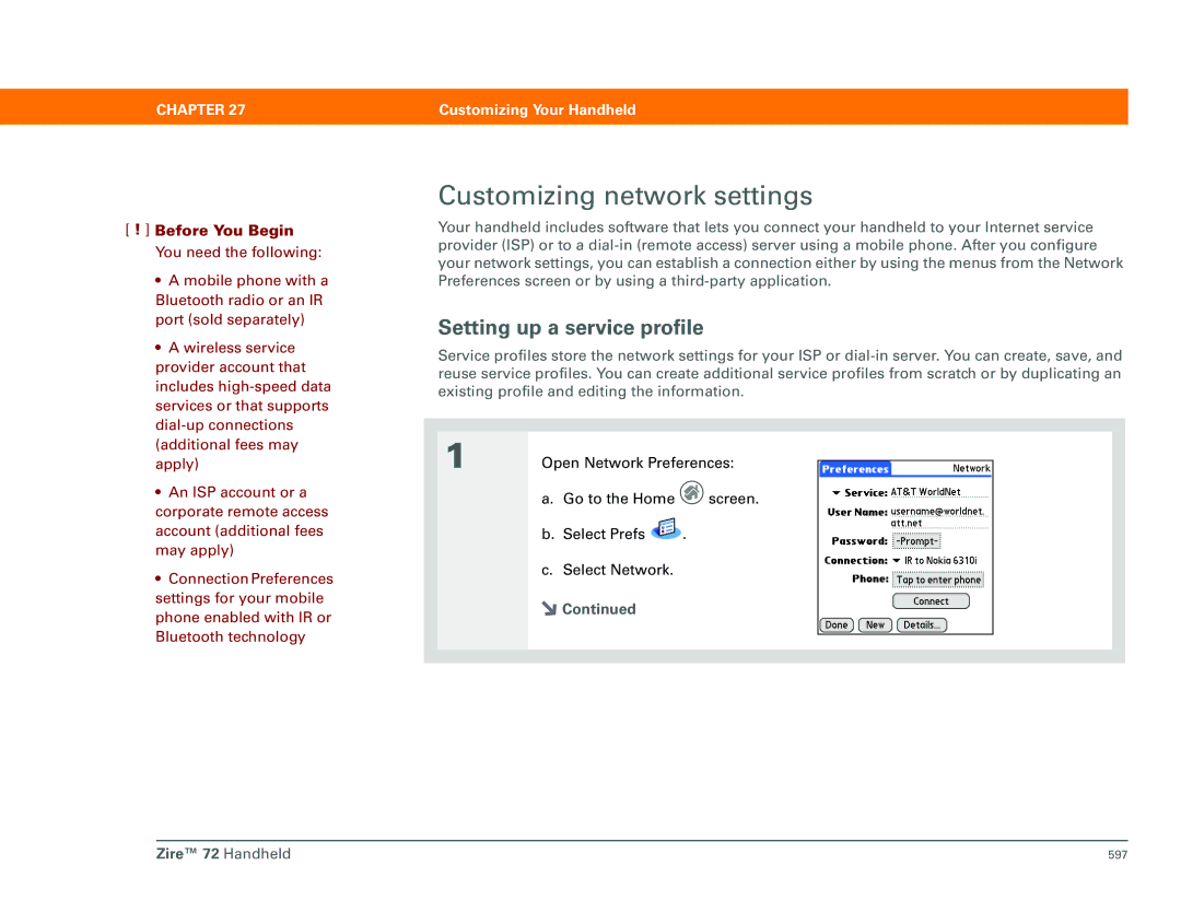 Palm Zire 72 manual Customizing network settings, Setting up a service profile 