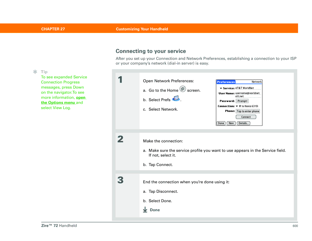 Palm Zire 72 manual Connecting to your service, Options menu 