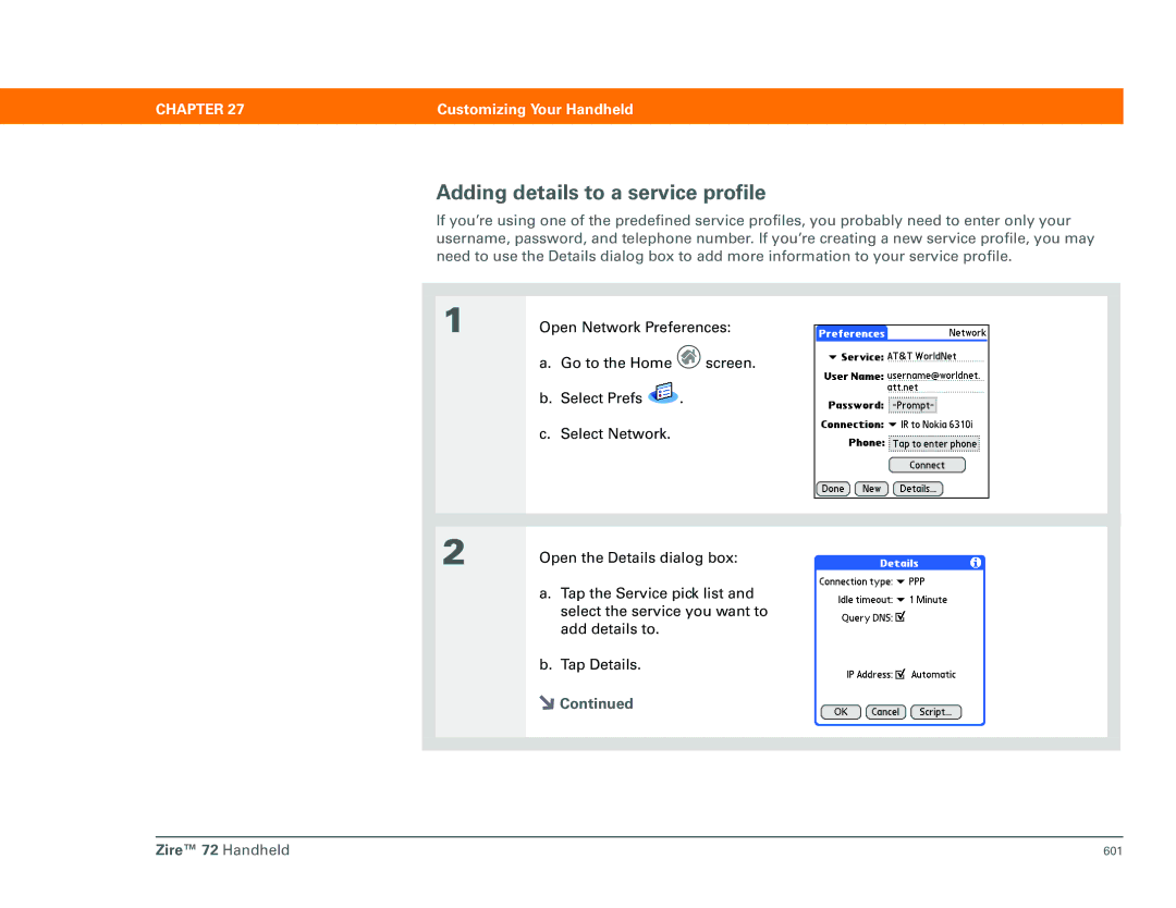 Palm Zire 72 manual Adding details to a service profile 