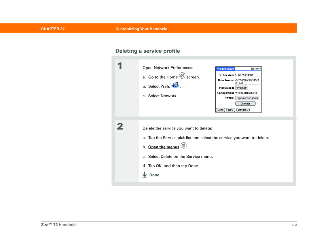 Palm Zire 72 manual Deleting a service profile 