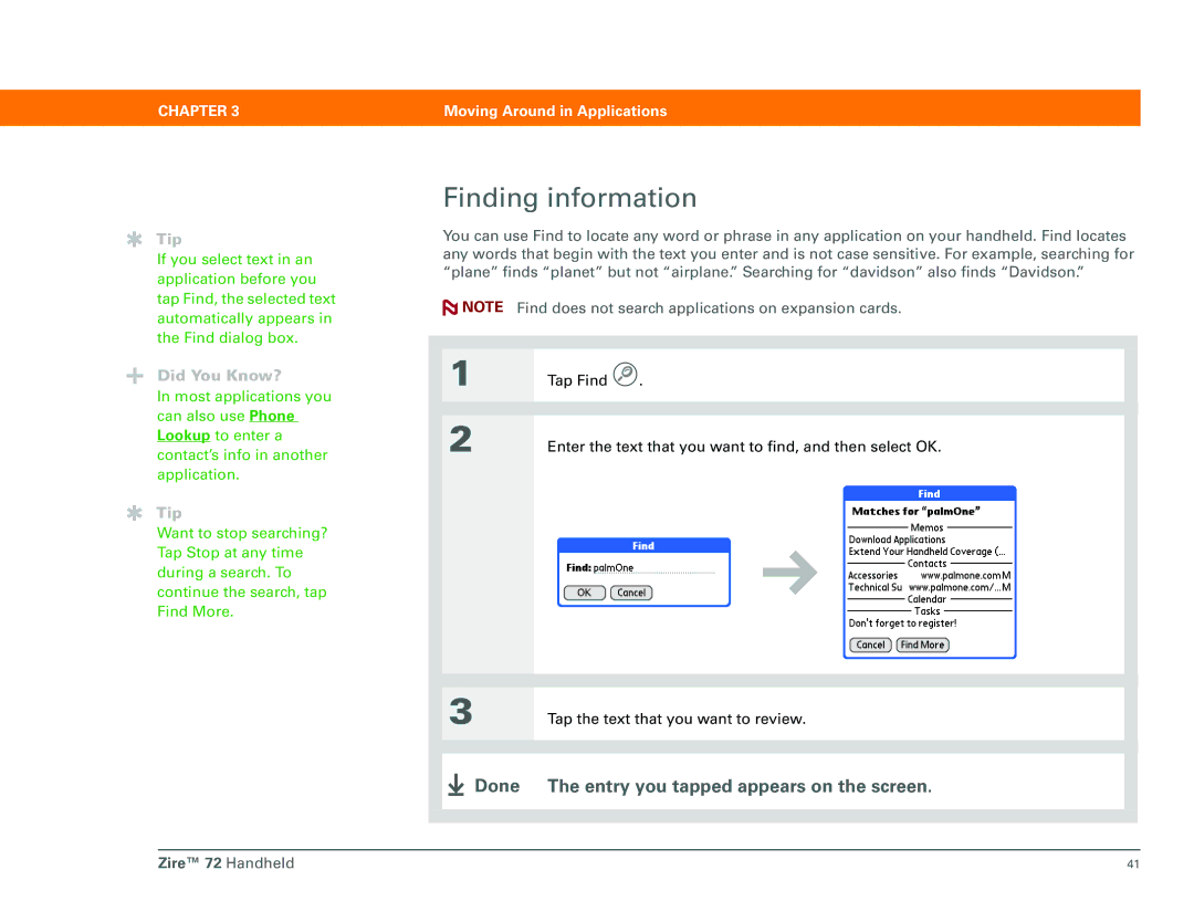 Palm Zire 72 manual Finding information, Tap the text that you want to review 
