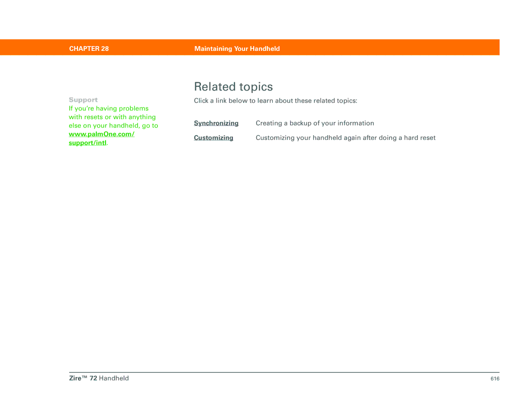 Palm Zire 72 manual Related topics, Support/intl 
