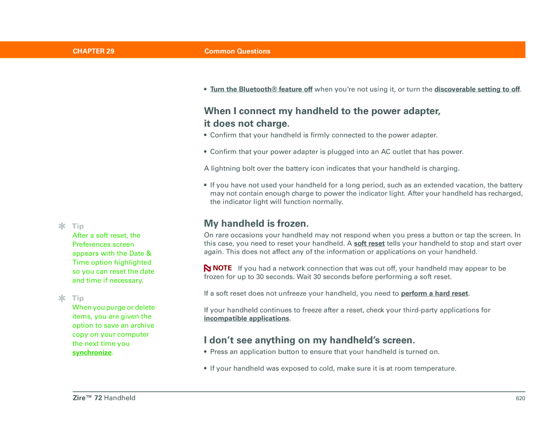 Palm Zire 72 manual My handheld is frozen, Don’t see anything on my handheld’s screen, Synchronize 
