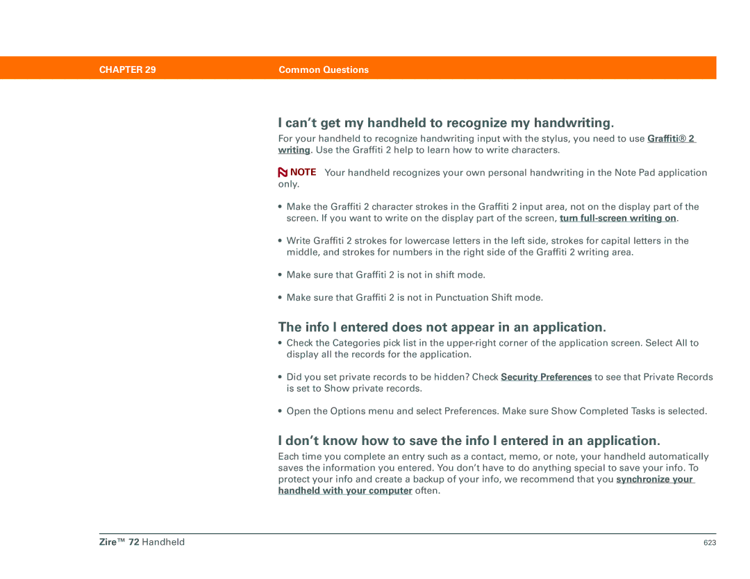 Palm Zire 72 manual Can’t get my handheld to recognize my handwriting, Info I entered does not appear in an application 