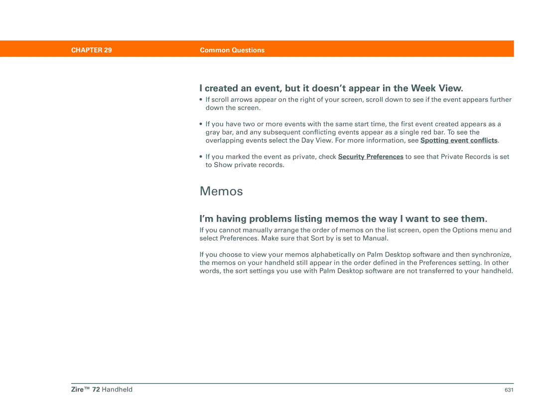 Palm Zire 72 manual Memos, Created an event, but it doesn’t appear in the Week View 