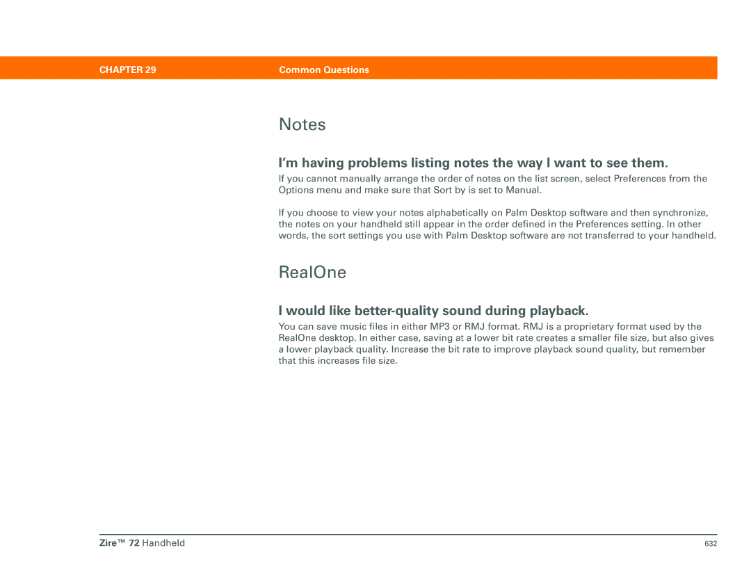 Palm Zire 72 manual RealOne, ’m having problems listing notes the way I want to see them 