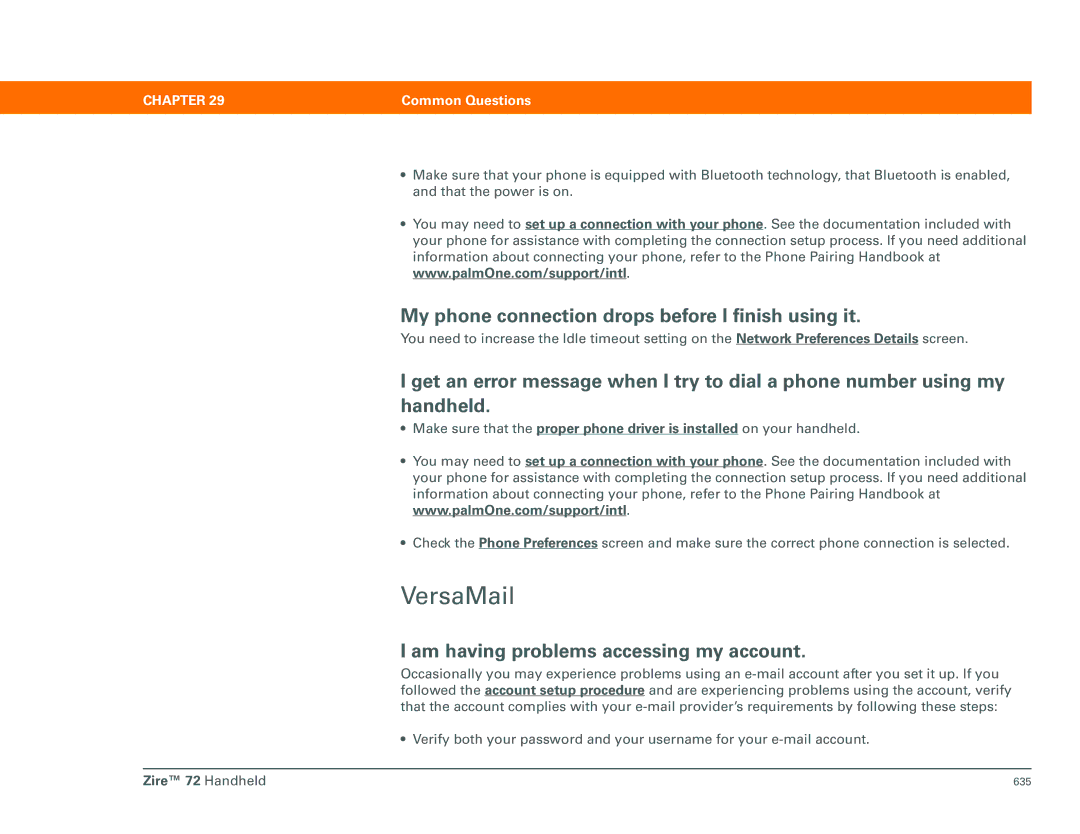 Palm Zire 72 manual VersaMail, My phone connection drops before I finish using it, Am having problems accessing my account 