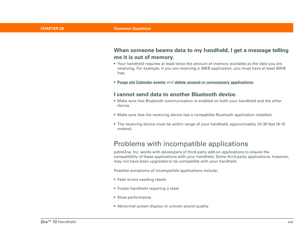 Palm Zire 72 manual Problems with incompatible applications, Cannot send data to another Bluetooth device 